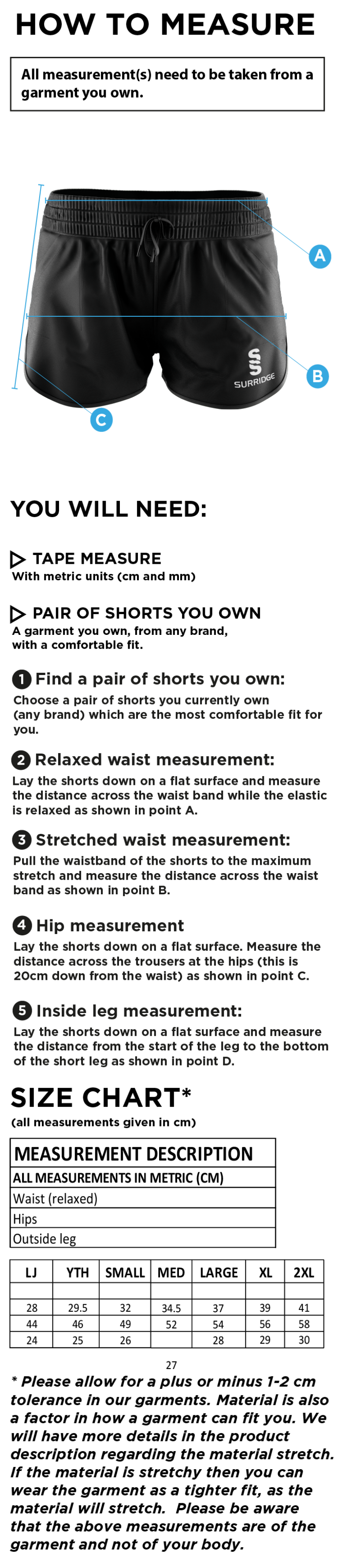 Derby Phantoms Dual Ladies Active Shorts - Size Guide