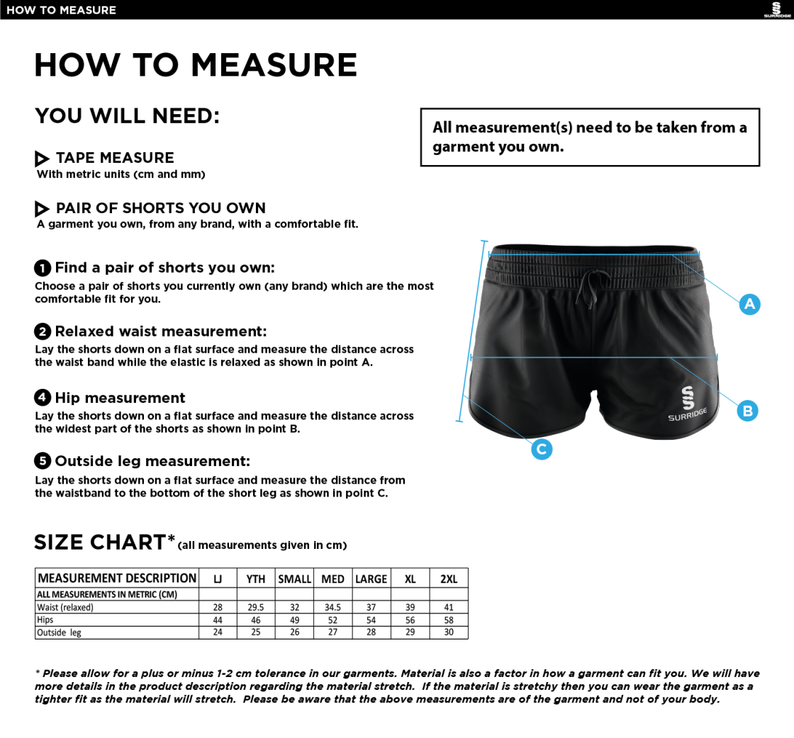 Derby Phantoms Dual Ladies Active Shorts - Size Guide