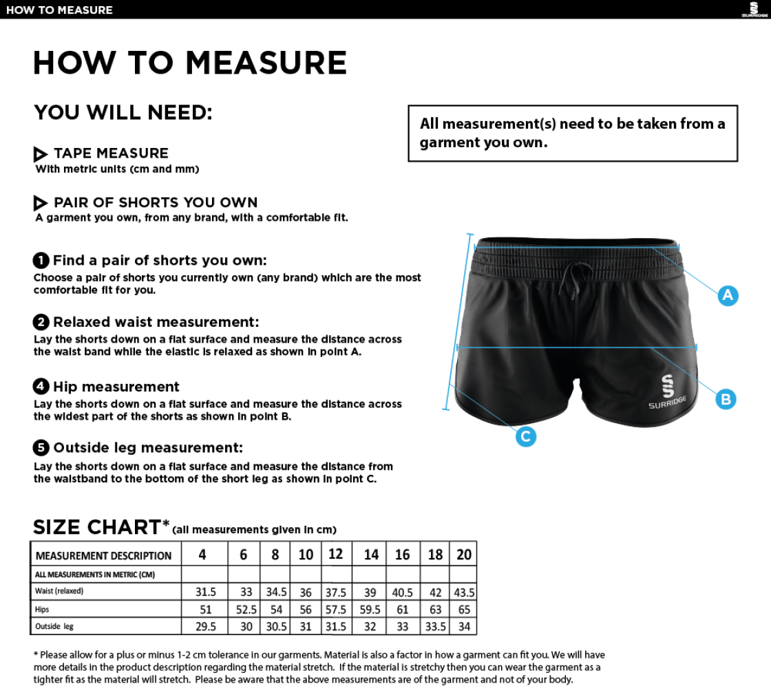 Derby Phantoms Dodgeball - Womens Playing Shorts - Size Guide