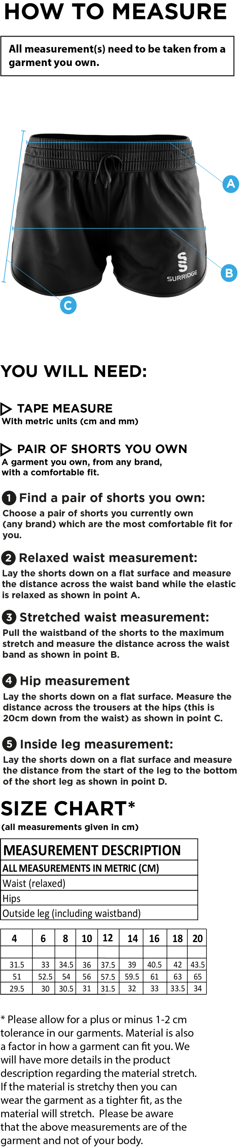 Derby Phantoms Dodgeball - Womens Playing Shorts - Size Guide